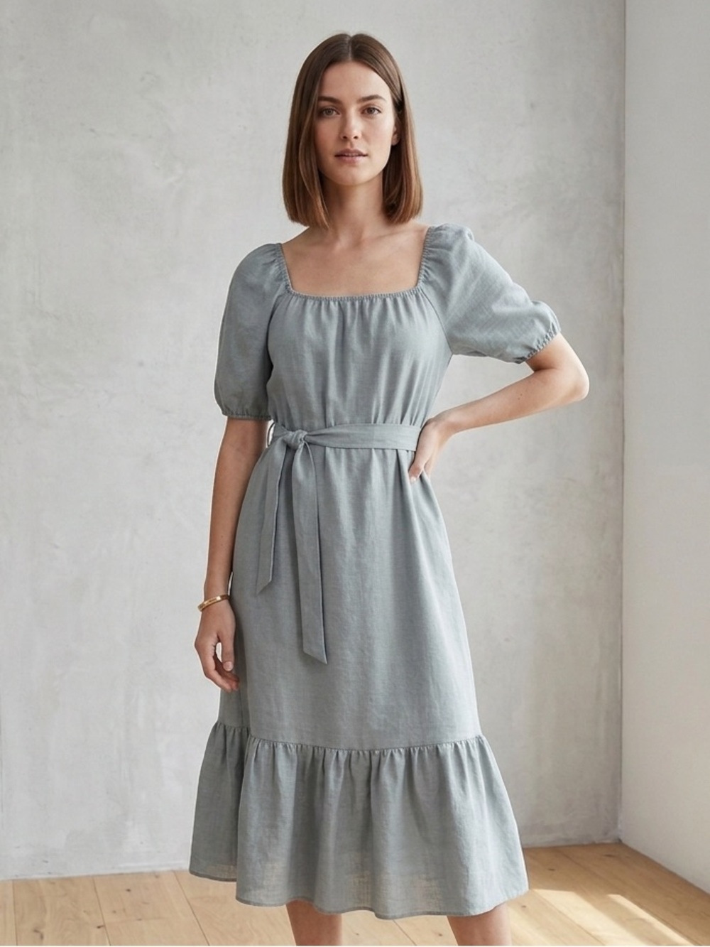 NWT Amour Vert Michelle Linen Belted Midi Dress